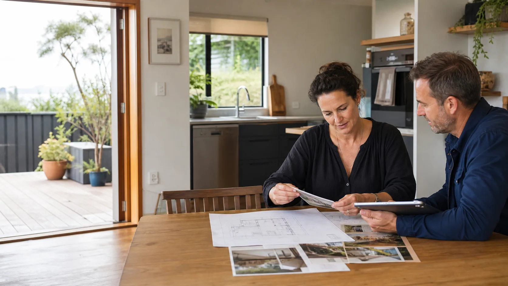 A Tauranga homeowner reviewing renovation plans and photographs with a building professional before selling