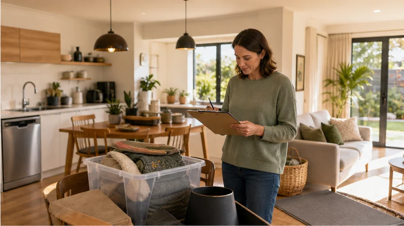 A seller and adviser reviewing a household inventory before sale