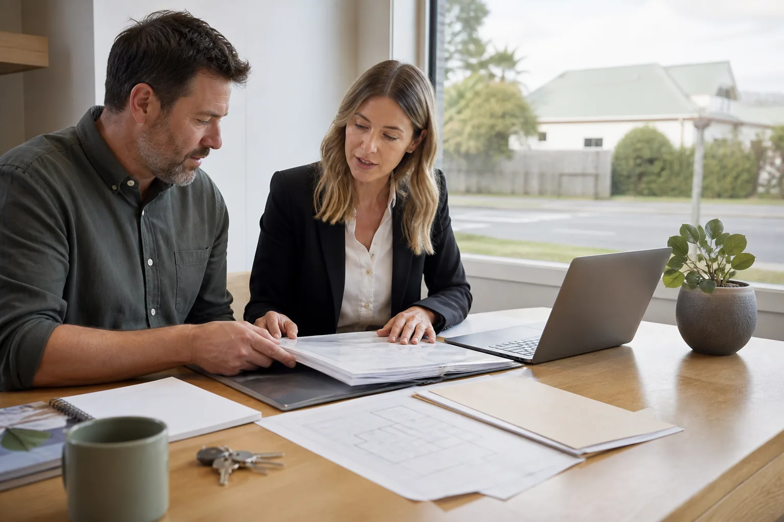 A New Zealand homeowner organising a property title, council records and repair documents before selling