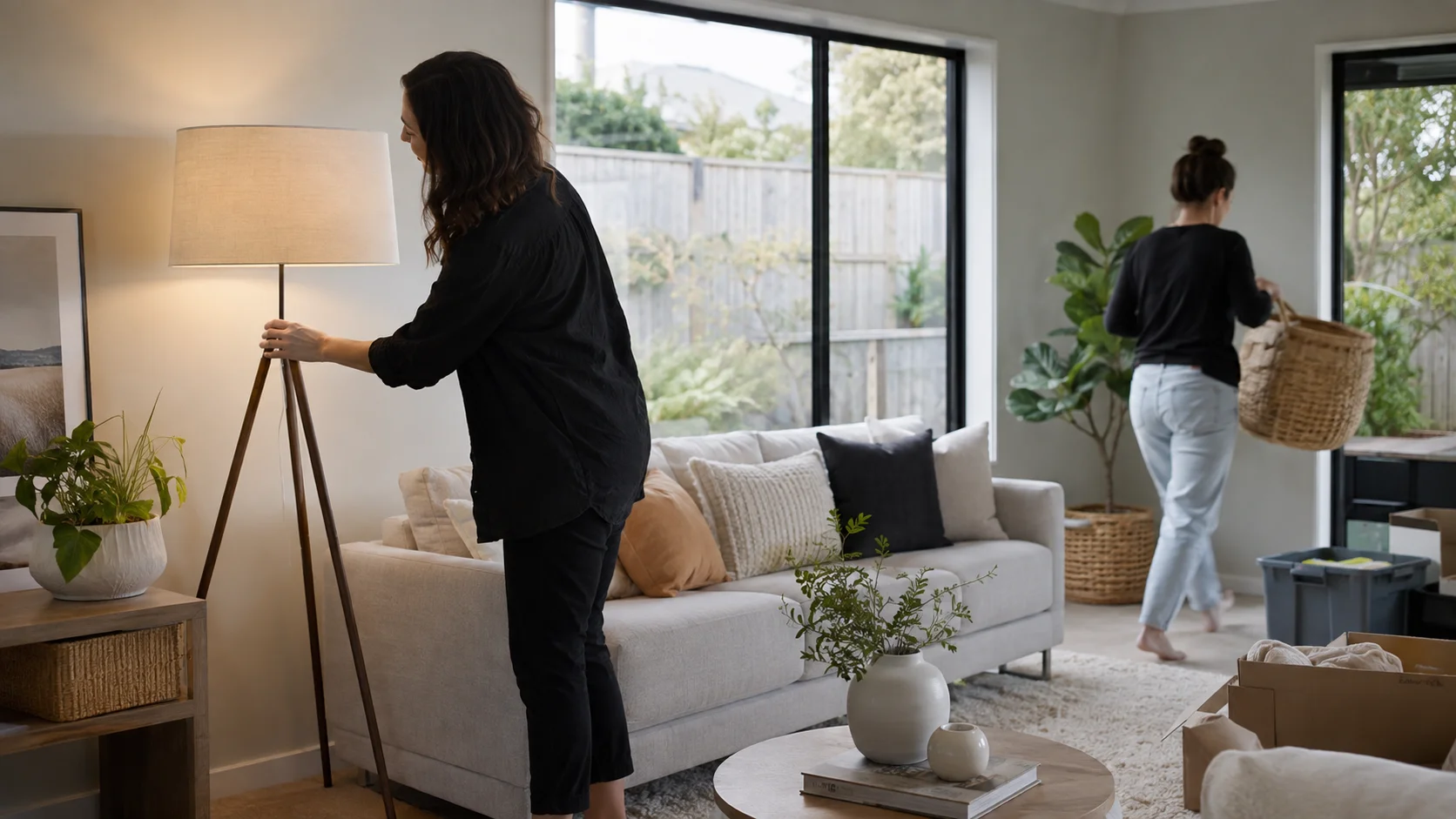 A homeowner and home stager preparing a Tauranga living room for sale