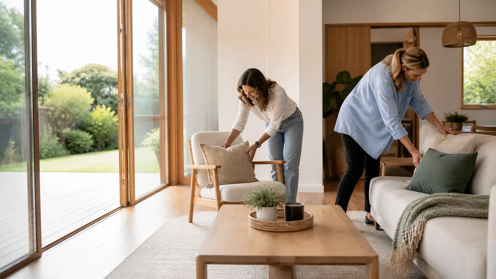 A homeowner and professional stager arranging a New Zealand living room