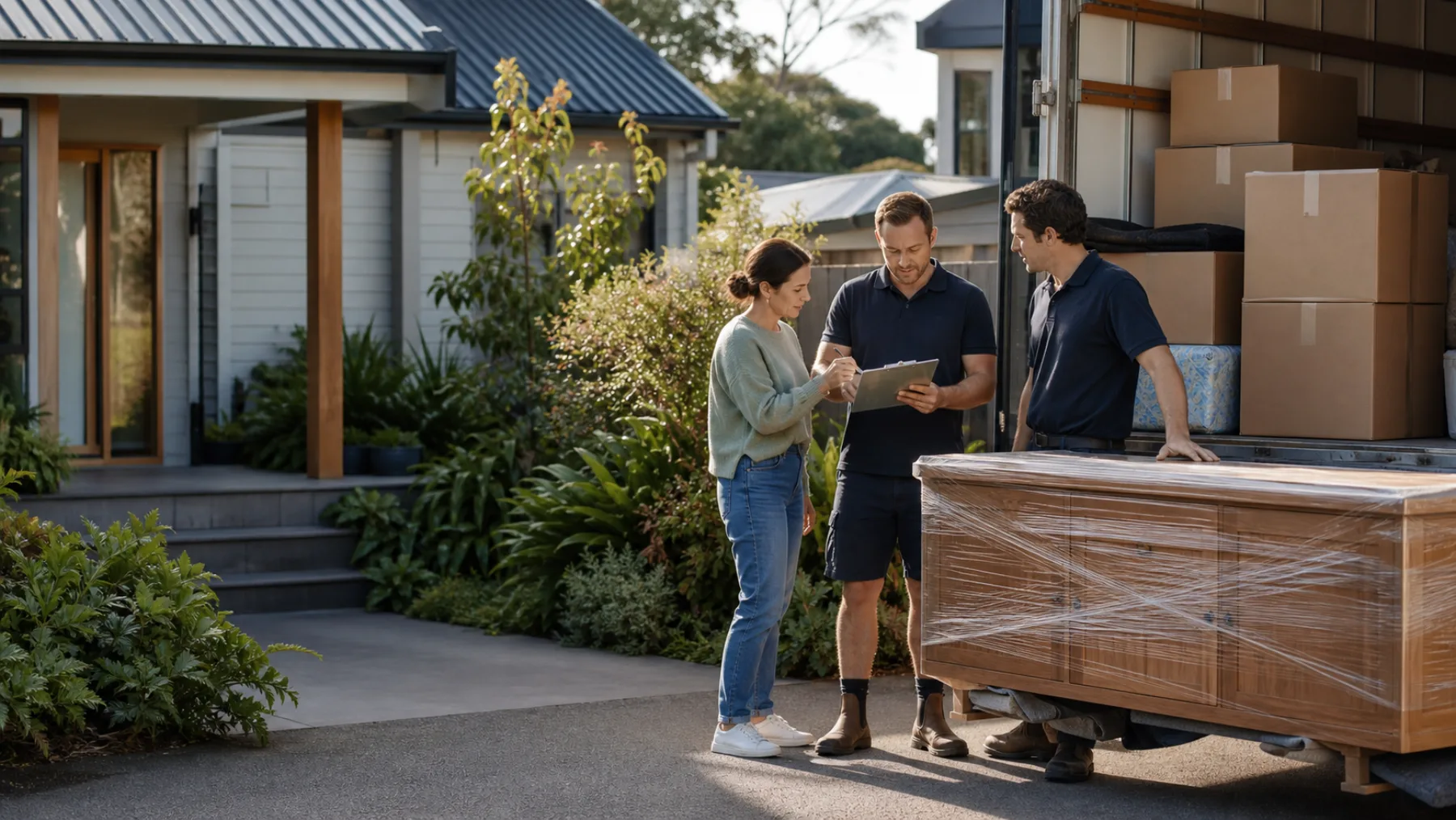 A New Zealand homeowner checking an inventory with furniture movers before loading