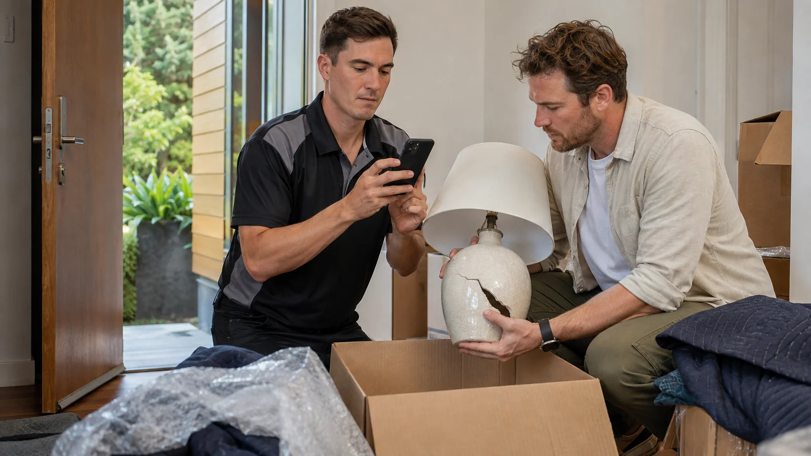 A New Zealand homeowner checking a moving inventory with furniture movers