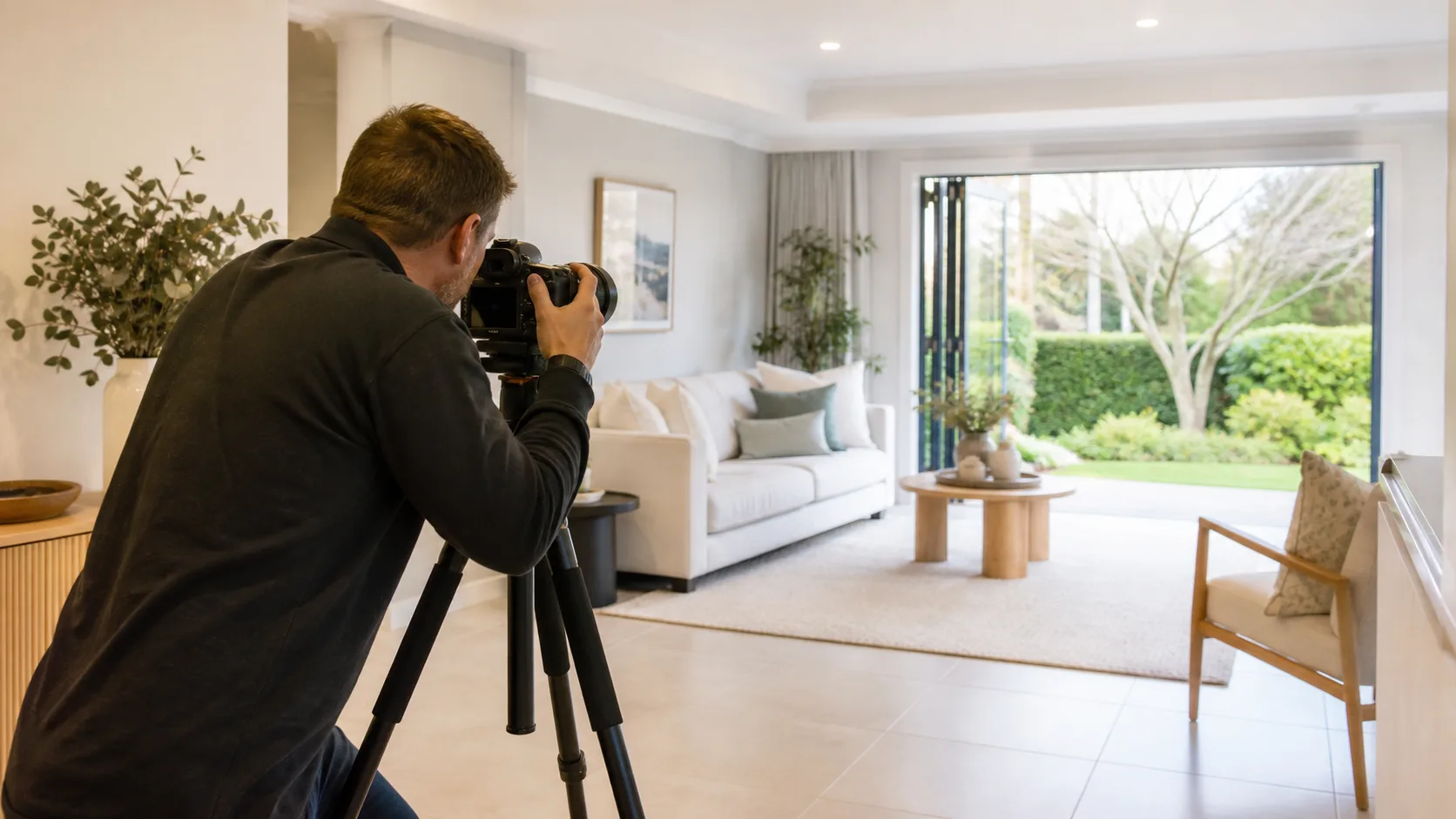 A professional real-estate photographer composing an interior image in a Tauranga home