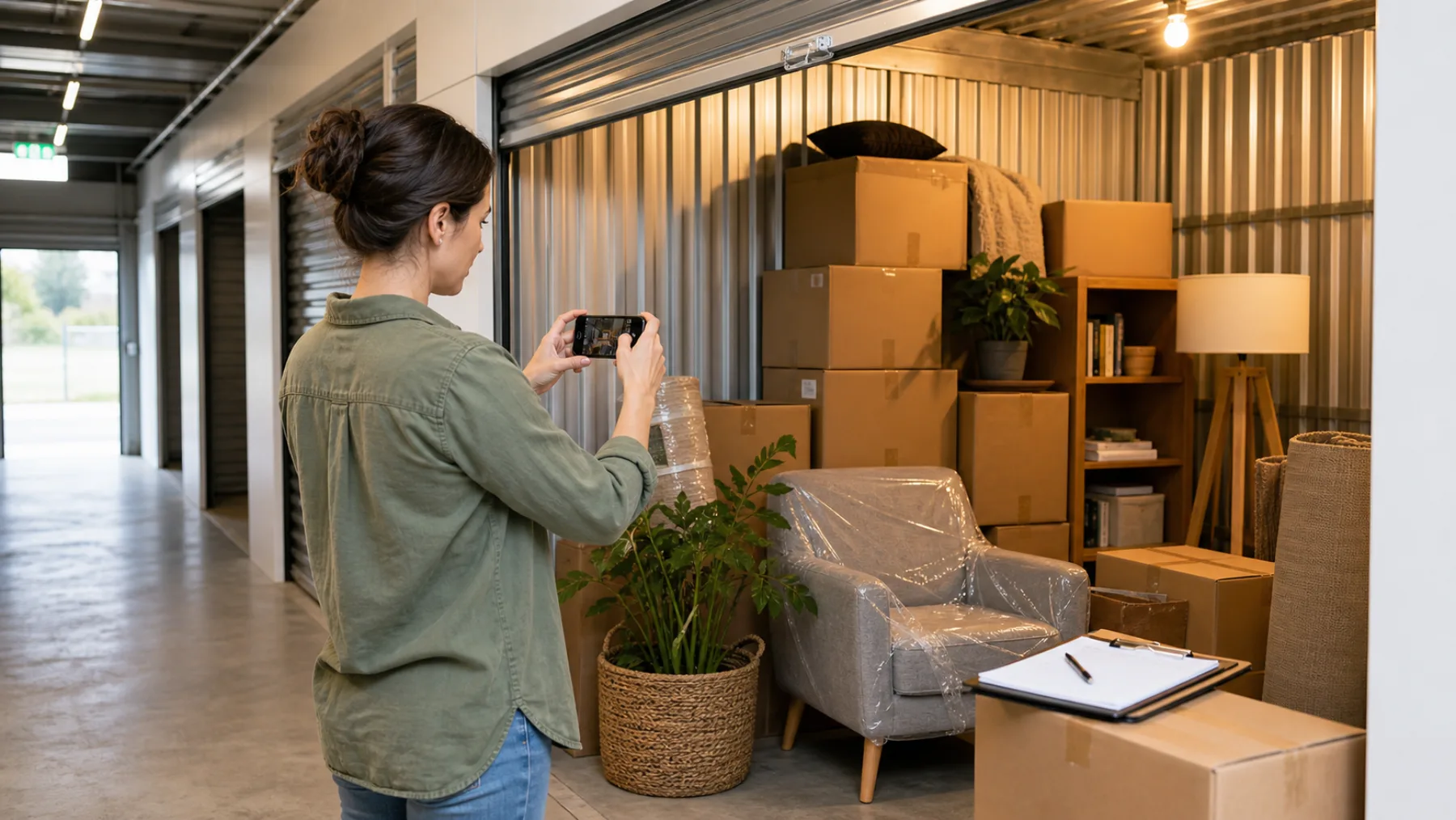 A New Zealand homeowner photographing an organised inventory inside a self-storage unit