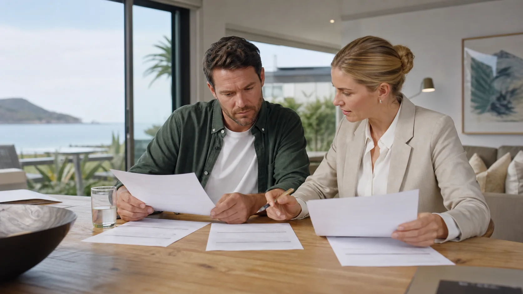 A Tauranga homeowner reviewing several written tender offers with a real-estate agent