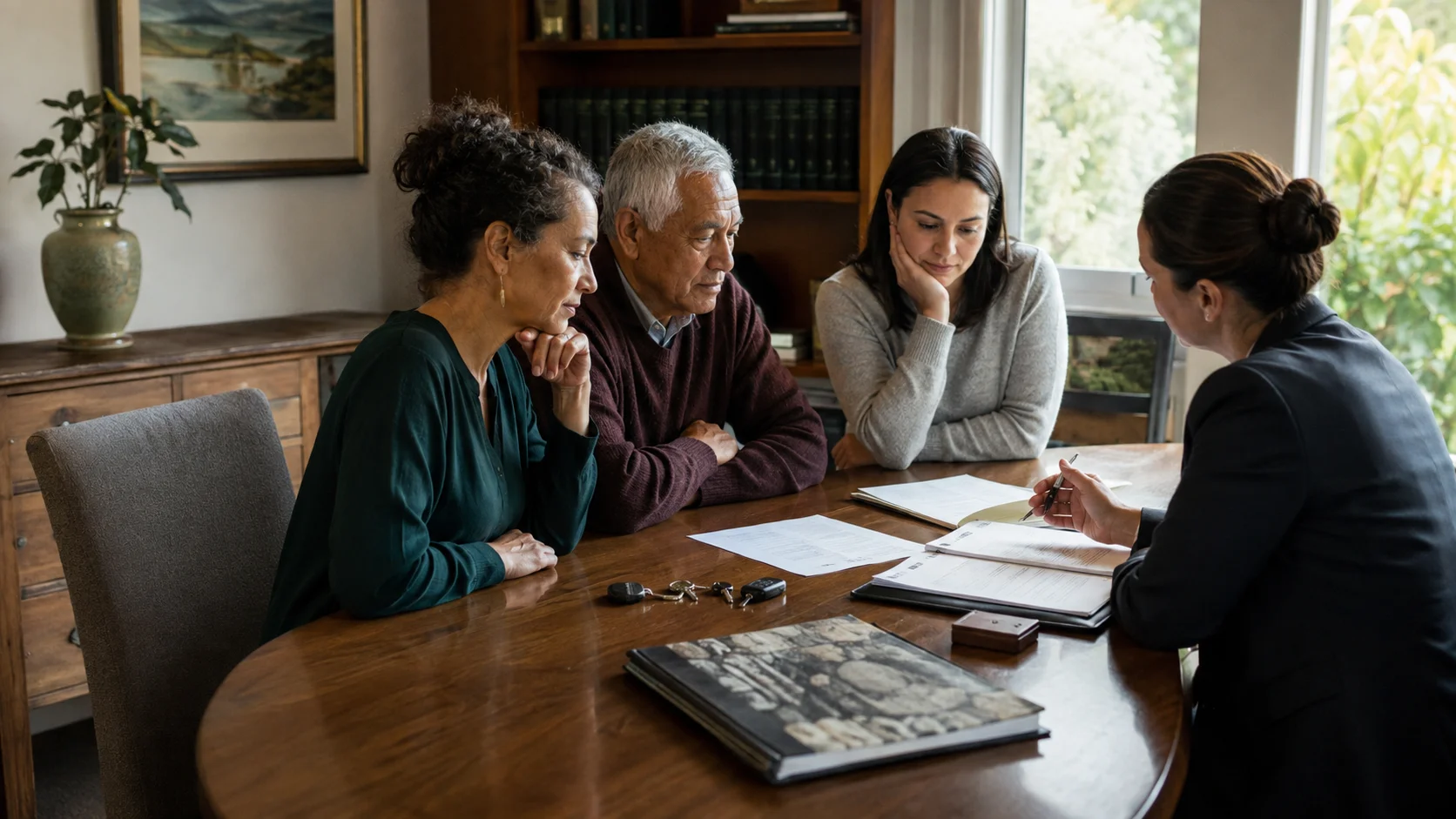 A New Zealand family calmly reviewing property ownership documents