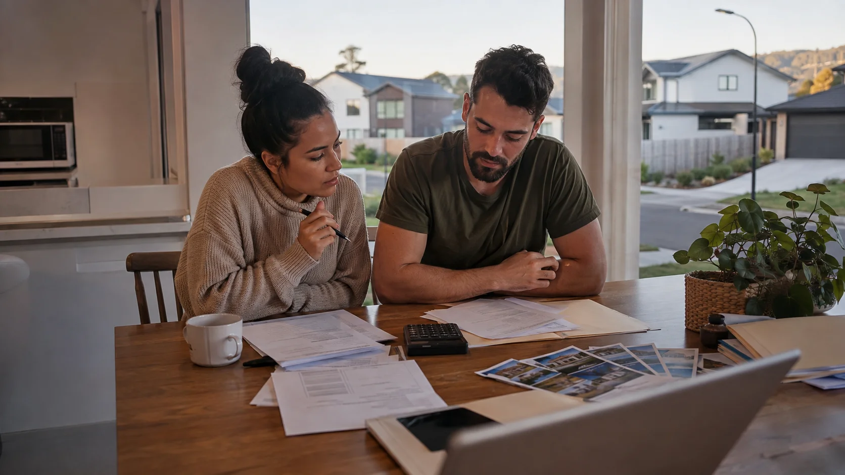 Homeowners comparing house prices, incomes and rent at a desk