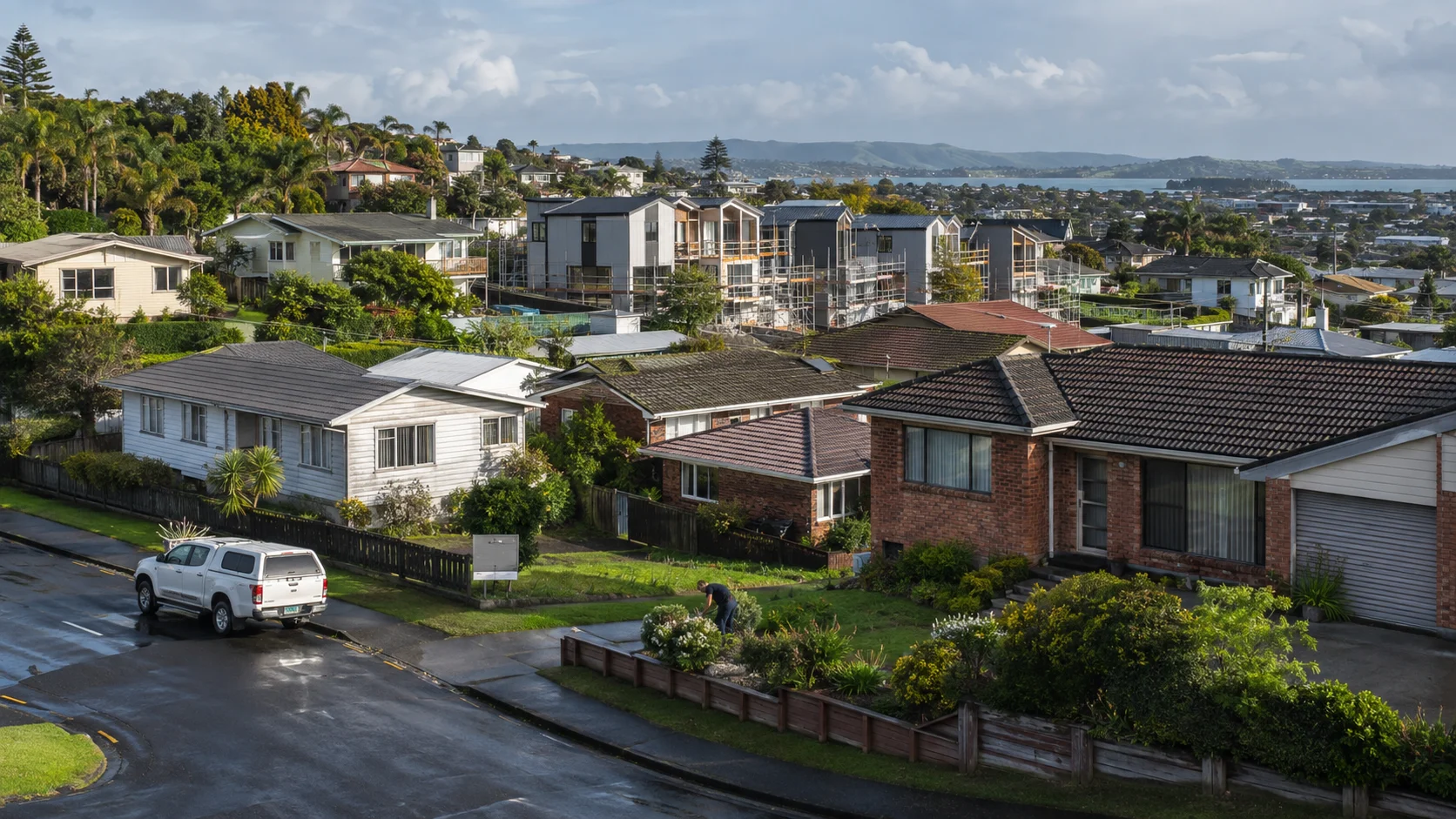 Tauranga homes and a residential street in warm evening light