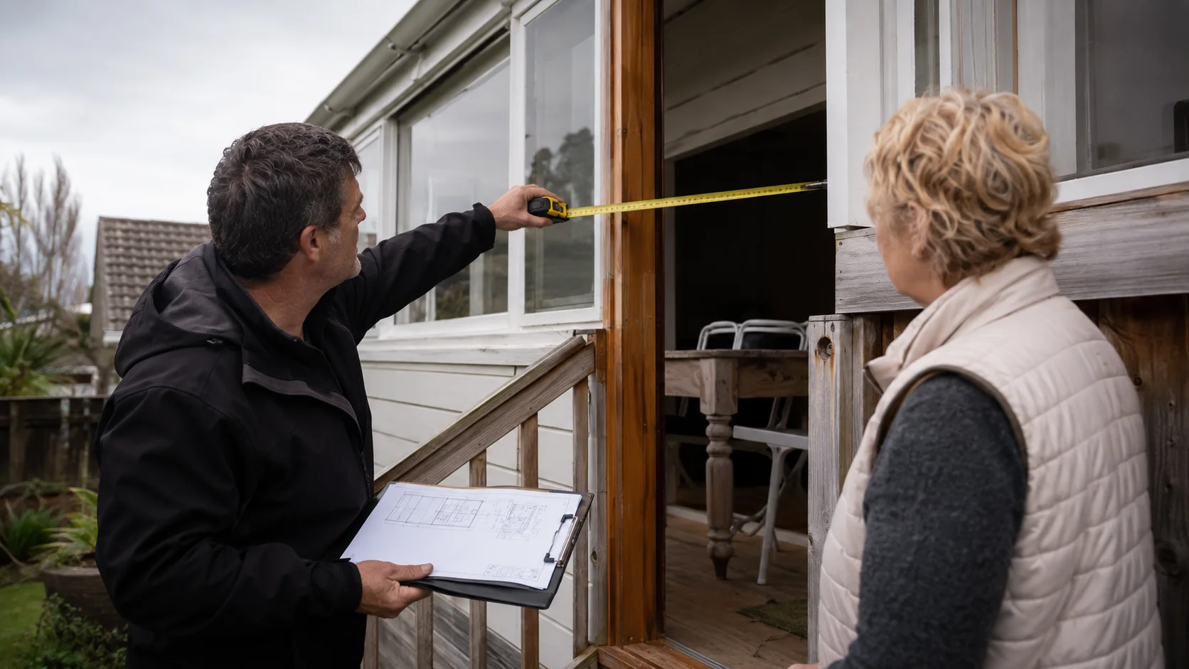 A Tauranga homeowner reviewing renovation records with a building professional