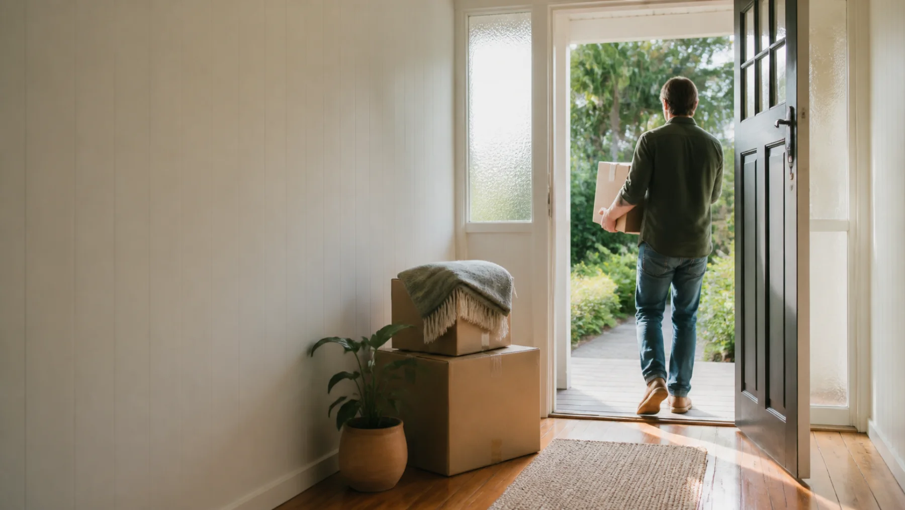 Moving boxes and a homeowner leaving through the doorway of a New Zealand home