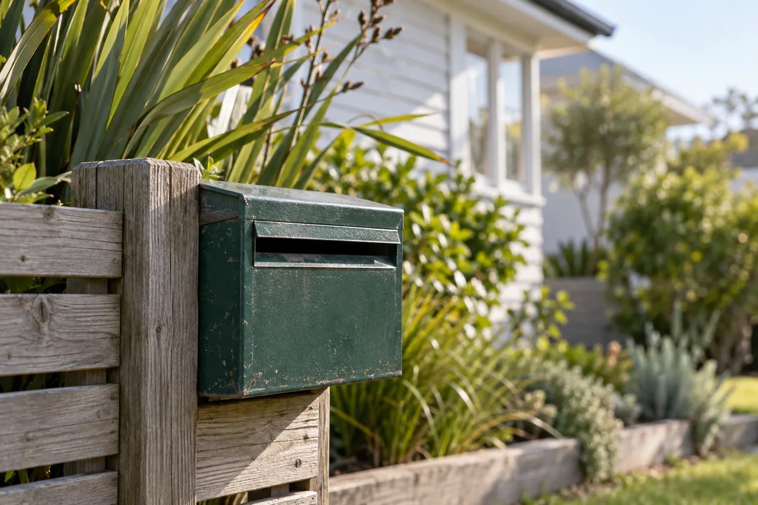 Illustrative New Zealand-style letterbox beside timber fencing, harakeke and weatherboards